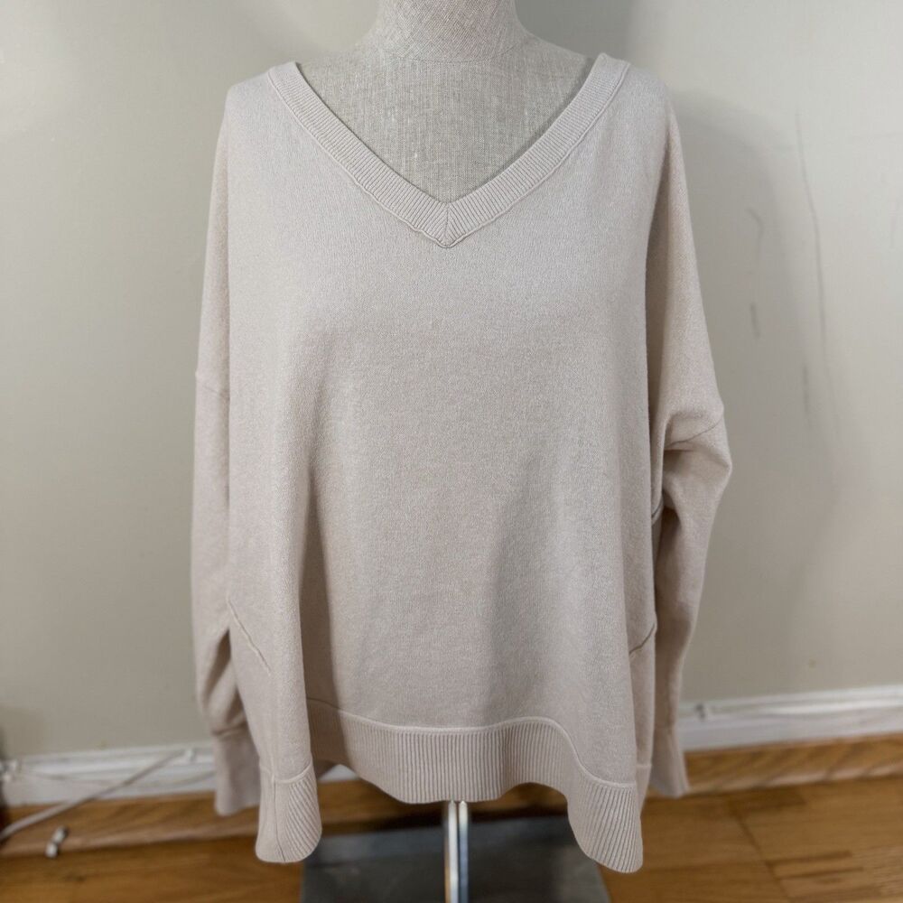 Lucky Brand Solid Knit V-Neck Pullover Sweater Ribbed Trim Beige Pink XXL 2XL